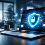 Why Cyber Security Compliance is Important for UAE Businesses 2 Advanced cyber security protection concept showing secure laptop with digital shield and lock symbol
