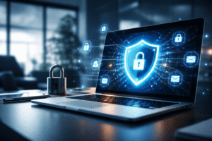 Advanced cyber security protection concept showing secure laptop with digital shield and lock symbol