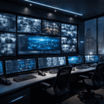 How an ELV Company in Dubai Enhances Security with Advanced ELV Systems 2 Modern ELV security control room in Dubai with multiple surveillance screens, smart monitoring systems, and advanced security technology