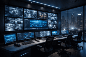 Modern ELV security control room in Dubai with multiple surveillance screens, smart monitoring systems, and advanced security technology