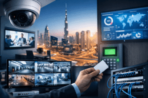 ELV security systems in Dubai including CCTV surveillance, access control, and structured cabling for smart building security