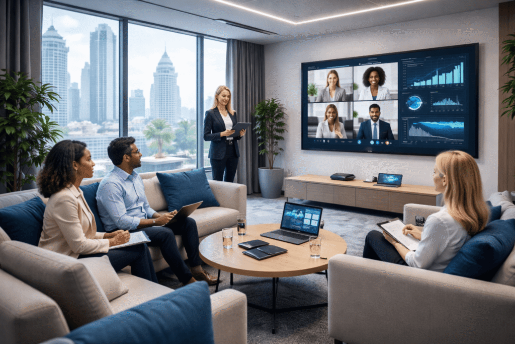 How Audio Video Solutions in Dubai Enhance Workplace Collaboration 1 Audio video solutions in Dubai used in a modern office meeting room for workplace collaboration