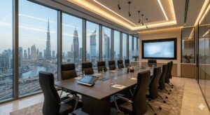 Modern smart meeting room in Dubai with advanced conference technology, large display screen, and luxury office interior