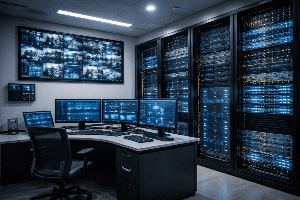 How an ELV Company in Dubai Enhances Security with Advanced ELV Systems 1 A modern ELV security monitoring room in Dubai designed for real-time surveillance and advanced system control in a professional workspace