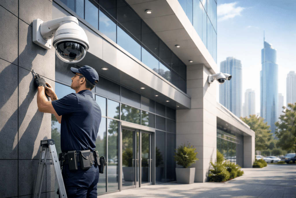 Understanding the Importance of a SIRA Approved CCTV Company in Dubai for Your Property 1 Technician installing CCTV cameras on a modern commercial building in Dubai ensuring SIRA compliant security surveillance