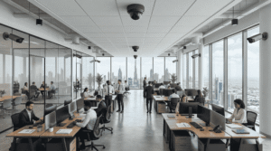 CCTV camera installation in modern Dubai office with surveillance system monitoring workspace