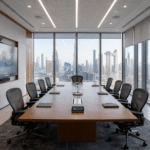 How Modern Meeting Room Solutions in Dubai Are Transforming Workspaces 2 Modern smart meeting room with advanced audio visual technology and Dubai skyline representing meeting room solutions in Dubai