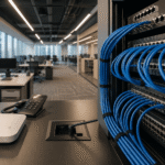 Why Structured Cabling Services in Dubai Are Essential for Modern Workspaces 2 Structured cabling setup with organized network cables and patch panel in modern office representing structured cabling services in Dubai