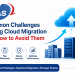 Common Challenges During Cloud Migration and How to Avoid Them - Vas Technologies Banner about cloud migration challenges with VAS logo, cloud icon, data center, and icons for identifying risks, planning, security, and performance.