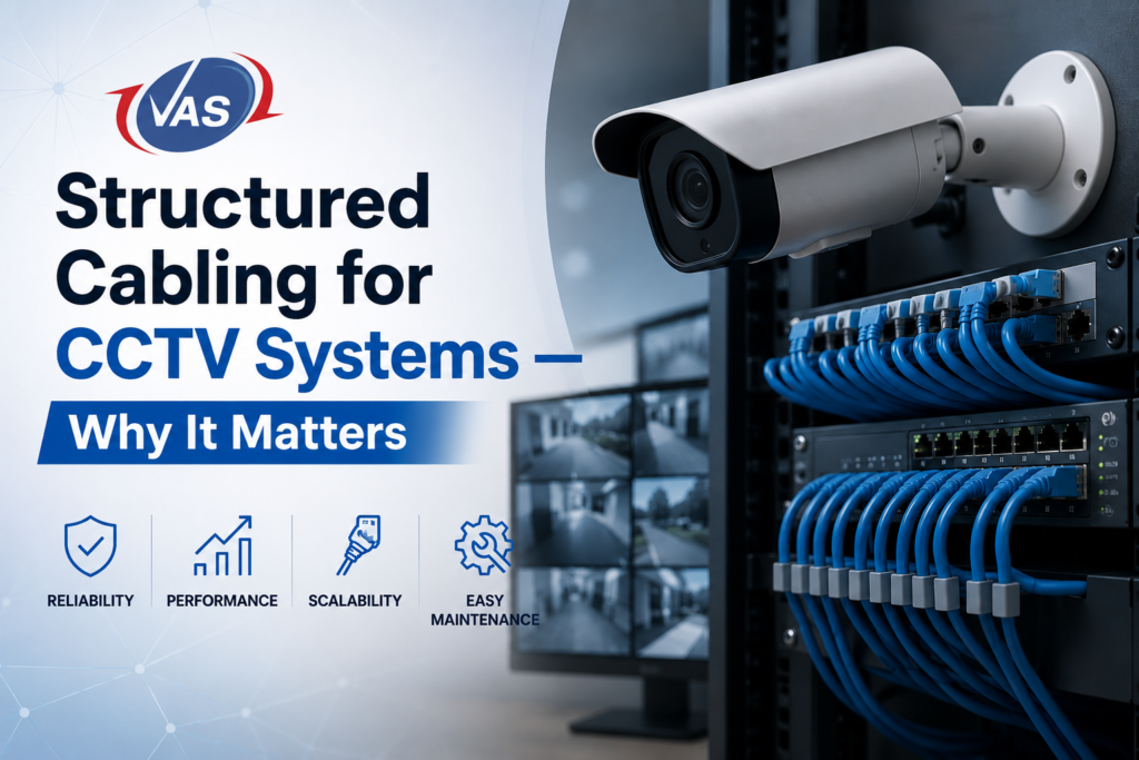 Structured Cabling for CCTV Systems Why It Matters - Vas Technologies Structured cabling for CCTV systems banner with a security camera and blue network cables saying ‘Why It Matters’.