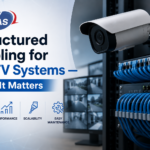 Structured Cabling for CCTV Systems Why It Matters - Vas Technologies Banner promoting CCTV structured cabling, with a security camera and blue network cables, and the headline “Structured Cabling for CCTV Systems – Why It Matters.” Icons below for reliability, performance, scalability, and easy maintenance.